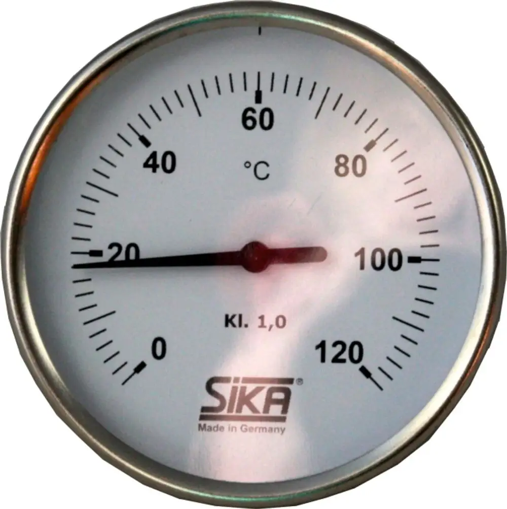 Bimetall-Thermometer mit Skala für Temperaturen von -20 bis 120 °C. Gehört zur Marke Wolf. Zeiger auf der Skala zeigt genaue Temperaturwerte an.